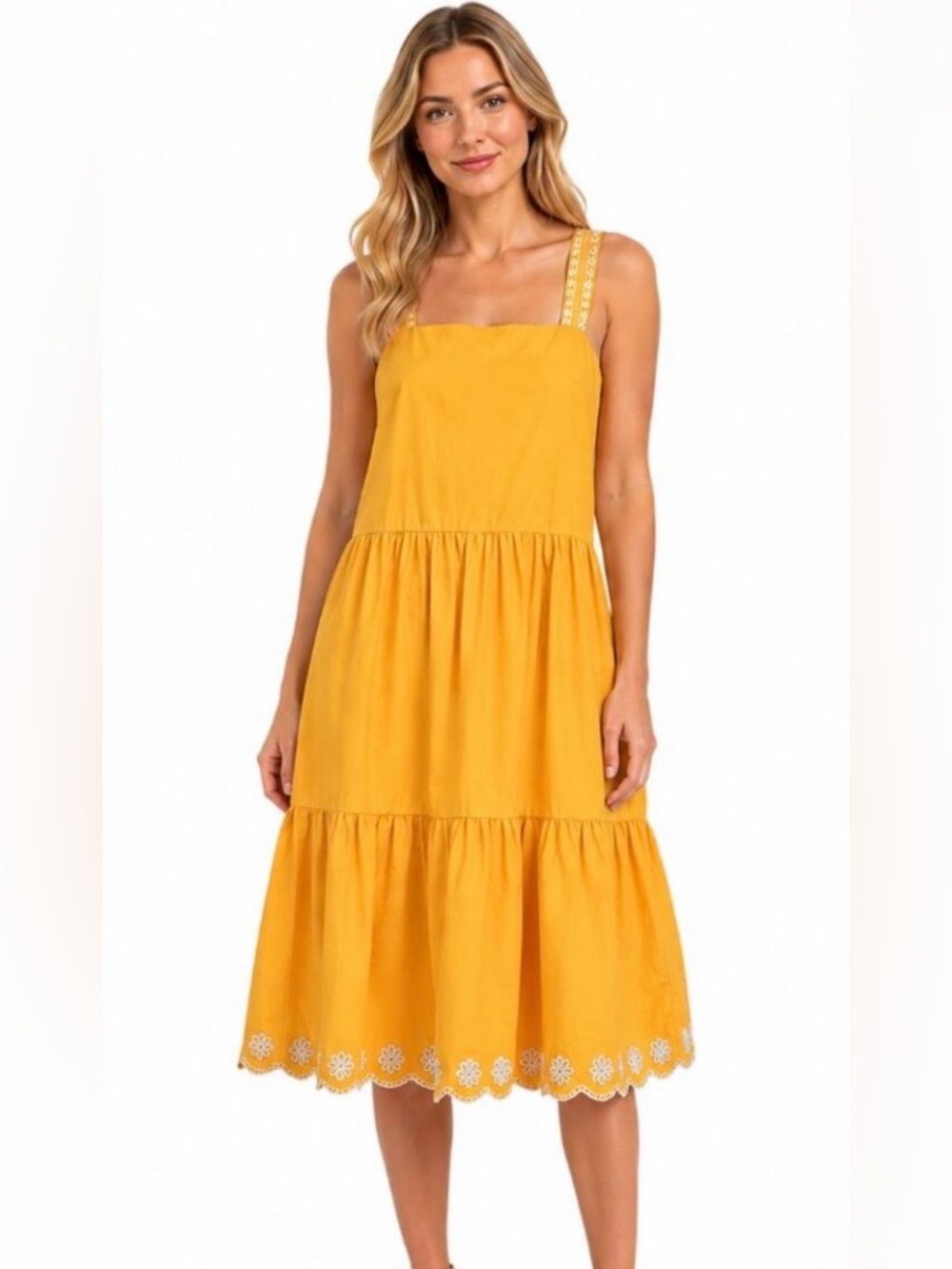 J. Crew Yellow Embroidered-Strap Tiered Sundress